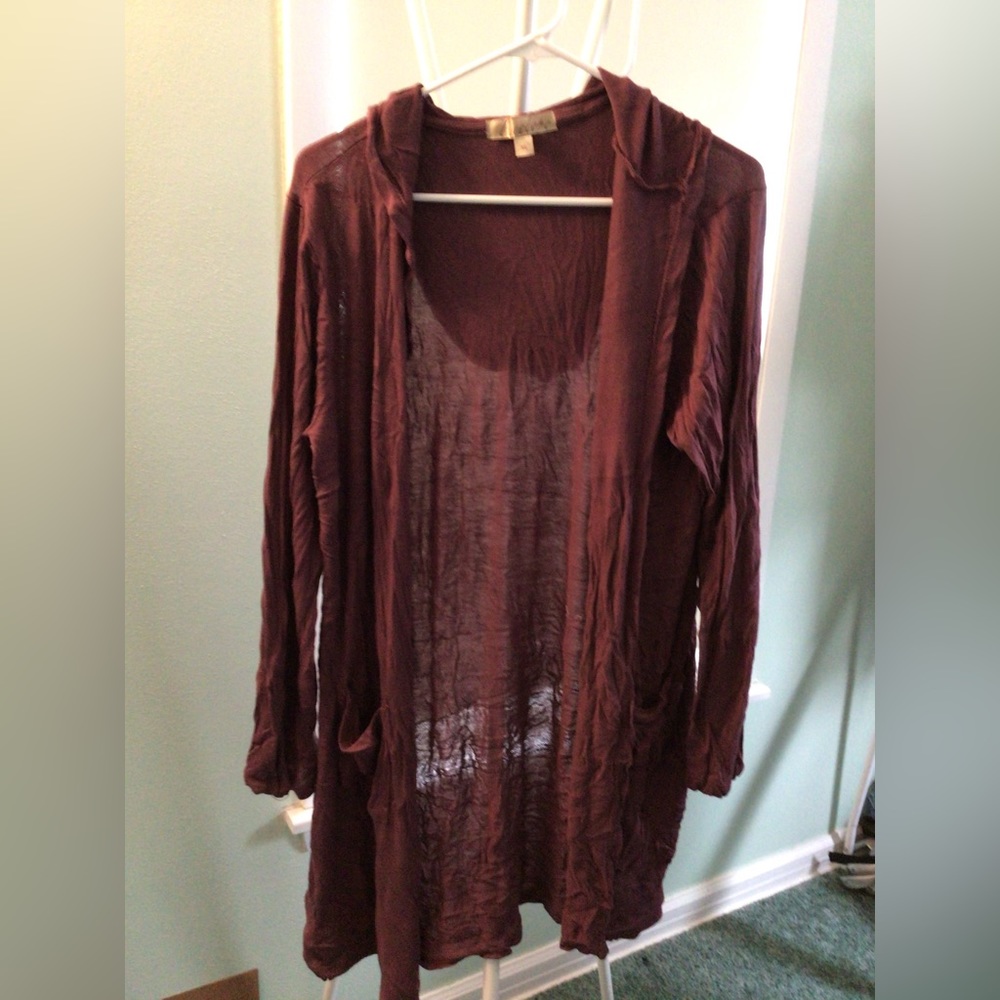 Hooded, open front long sleeve maroon sweater, XL